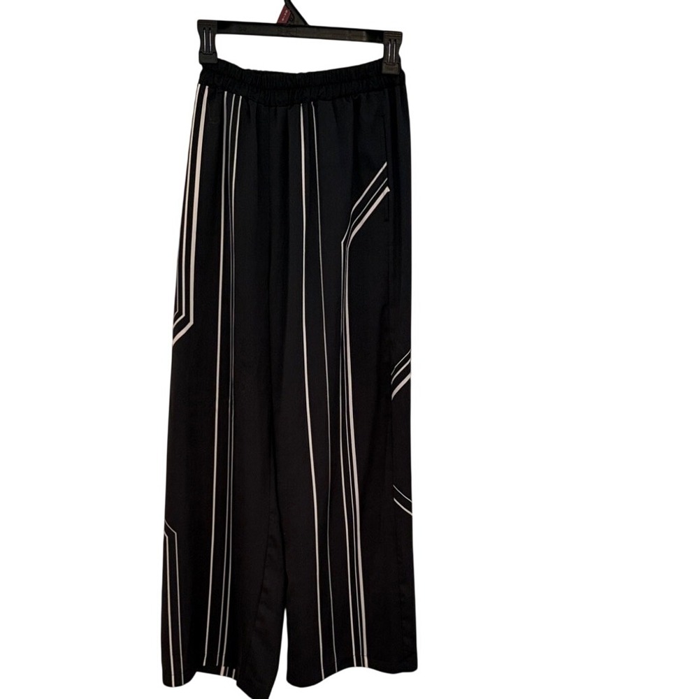 Boho navy White Striped Wide Leg dress Pants Elastic Waist Geometric Pinstripe